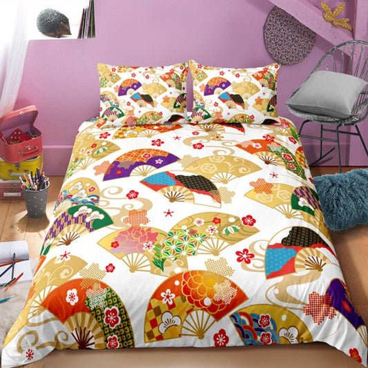 Japan Bedding Set Japanese Hiougi Folding Fan Pattern Duvet Covers Colorful Unique Gift