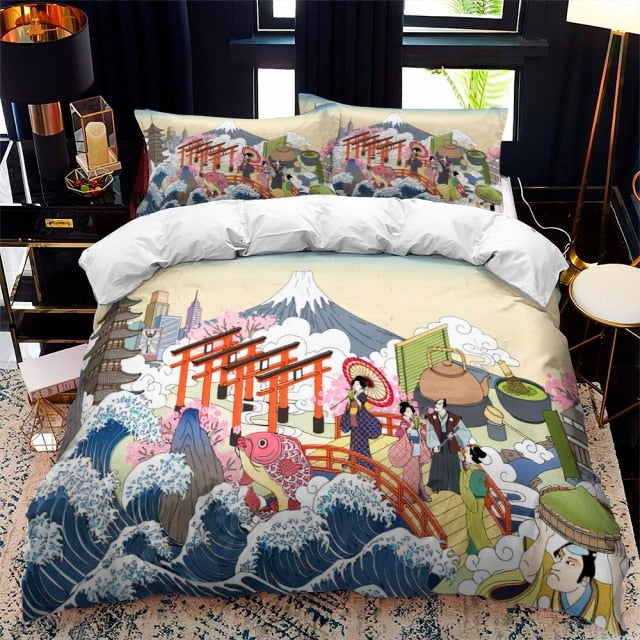 Japan Bedding Set Japanese Edo Period Art Style Duvet Covers Colorful Unique Gift