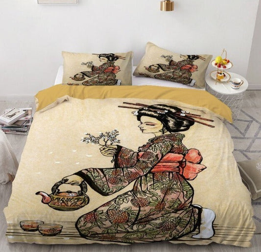 Japan Bedding Set Japanese Geisha Serving Tea Graphic Duvet Covers Brown Unique Gift