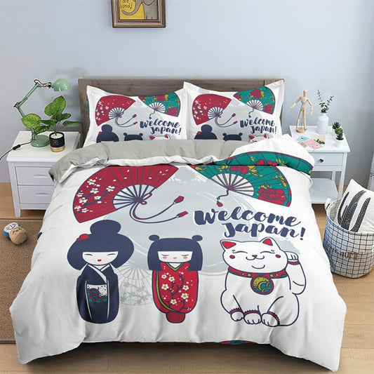 Japan Bedding Set Kokeshi Doll Welcome To Japan Duvet Covers Colorful Unique Gift