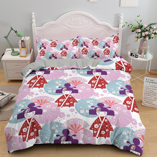 Japan Bedding Set Japanese Kokeshi Doll Umbrella Pattern Duvet Covers Colorful Unique Gift