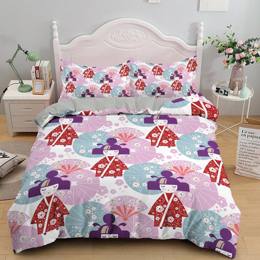 Japan Bedding Set Japanese Kokeshi Doll Umbrella Pattern Duvet Covers Colorful Unique Gift