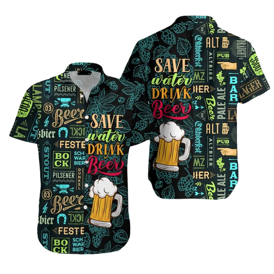 Beer Hawaii Shirt Save Water Drink Beer Pattern Hawaiian Shirt Green Unisex