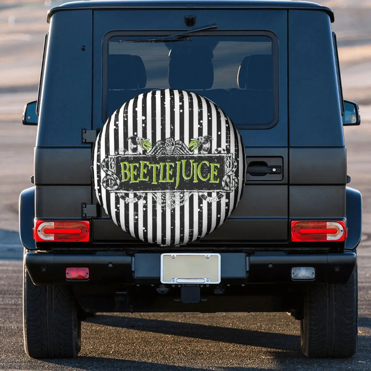 Horror Spare Tire Cover Bettlejuice Symbol Tripes Pattern Tire Covers Black White