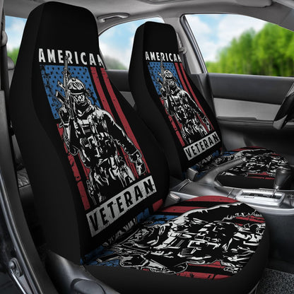 Veteran Car Seat Covers American Flag Graphic Soldier Silhouette Seat Covers Blue Red