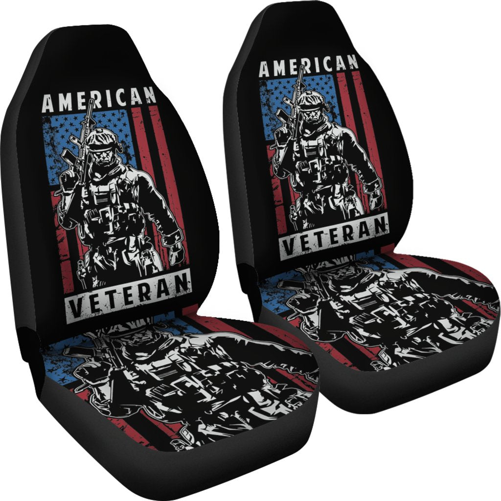 Veteran Car Seat Covers American Flag Graphic Soldier Silhouette Seat Covers Blue Red