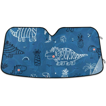 Dinosaur Car Sun Shade Cartoon Dinosaur Tropical Tree And Fruit Winshield Sun Shade Blue