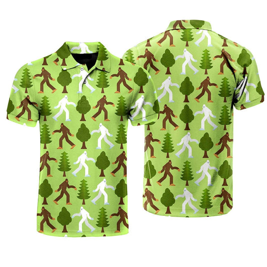 Bigfoot Polo Shirt Bigfoot Sasquatch Forest Tree Pattern Polo Tees Green