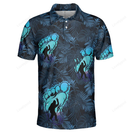 Bigfoot Polo Shirt Bigfoot Silhouette Tropical Forest Pattern Polo Tees Blue