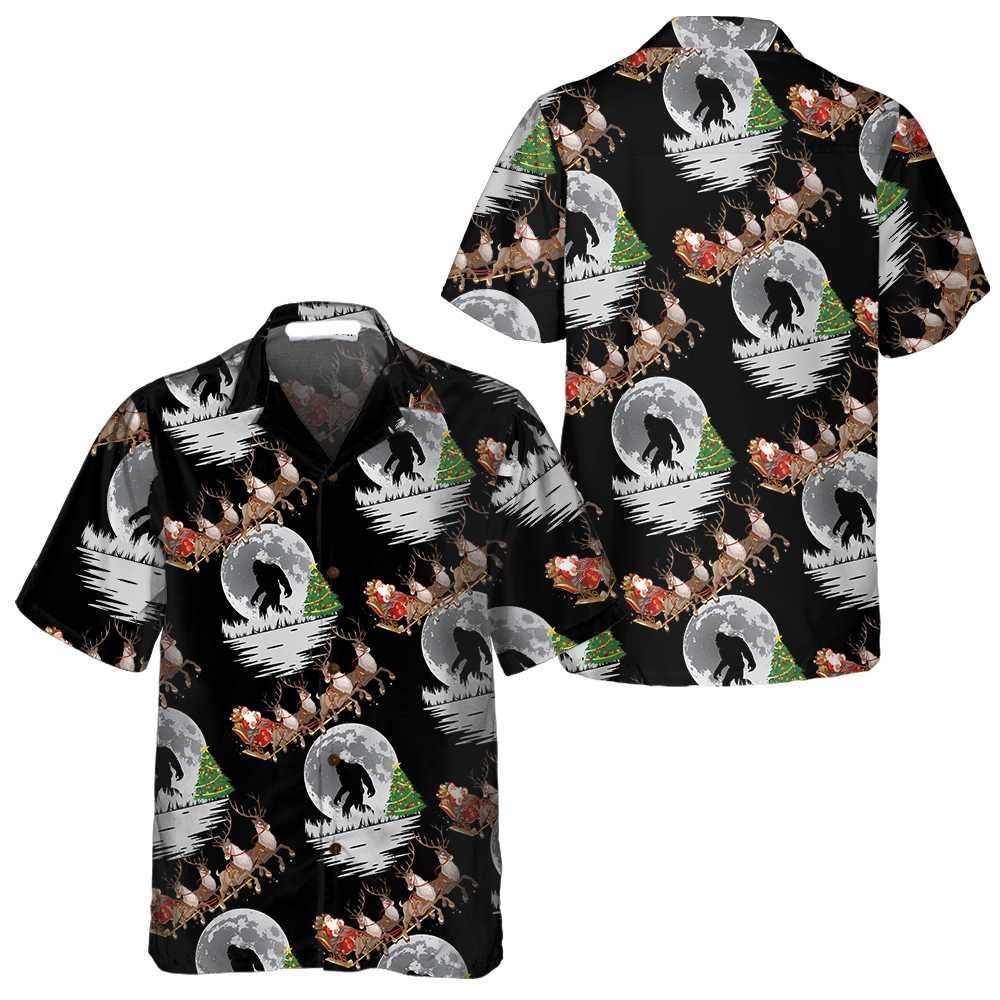 Bigfoot Hawaii Shirt Bigfoot Santa Claus In Moonlight Pattern Hawaiian Shirt Black Unisex