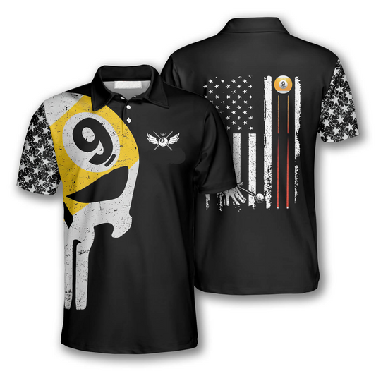 Billard Polo Shirt Billiard 9 Ball Skull American Flag Pattern Boys Polo Shirts Black