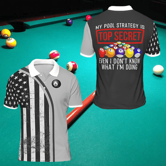 Billard Polo Shirt My Pool Strategy Is Top Secret Boys Polo Shirts Black White