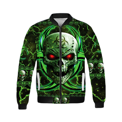 Skull Bomber Jacket Biohazard Symbol Skull Graphic Bomber Green Unisex