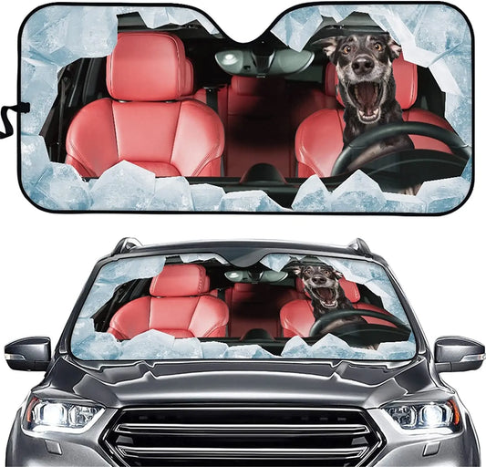 Funny Car Sun Shade Screaming Dog Driving Graphic Winshield Sun Shade Black