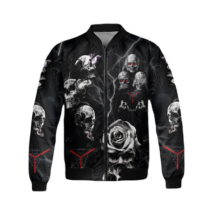 Skull Bomber Jacket Rose Dont Hear Dont Speak Dont See Skull Bomber Black Unisex