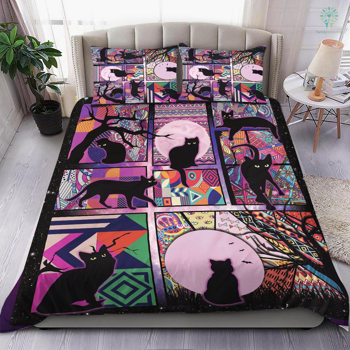 Cat Bedding Set Black Cat And Moon Pattern Duvet Covers Black Pink Unique Gift