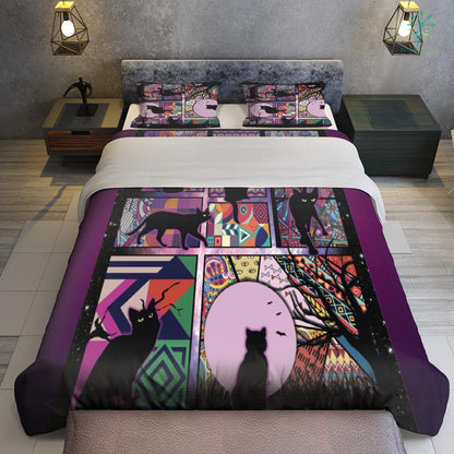 Cat Bedding Set Black Cat And Moon Pattern Duvet Covers Black Pink Unique Gift