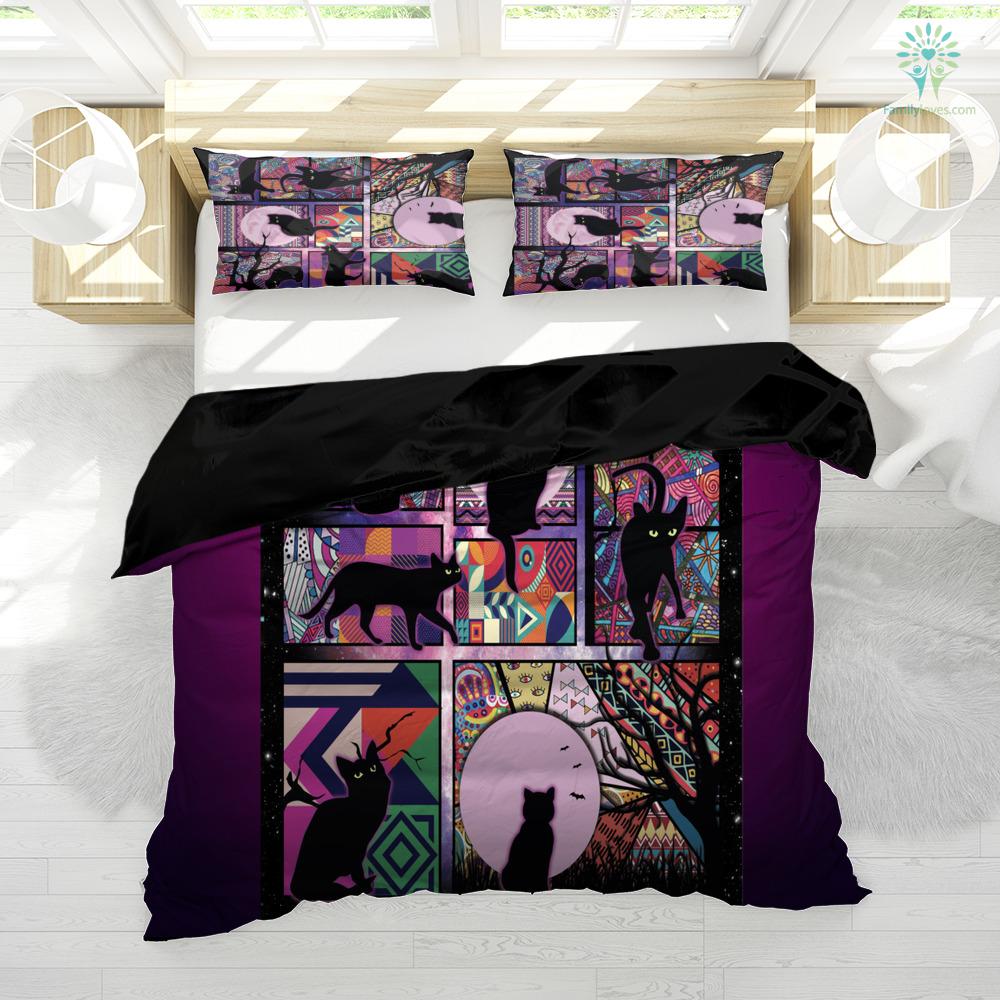 Cat Bedding Set Black Cat And Moon Pattern Duvet Covers Black Pink Unique Gift