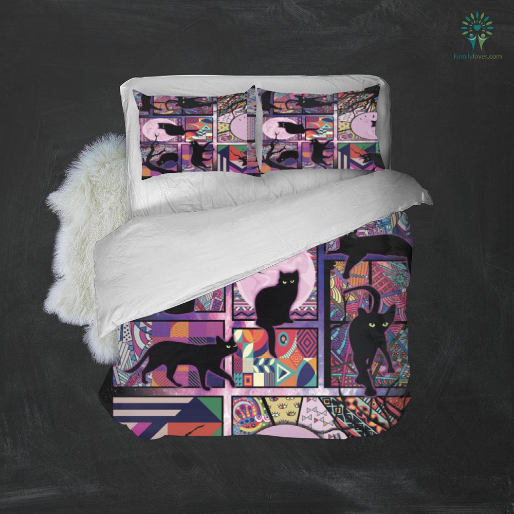 Cat Bedding Set Black Cat And Moon Pattern Duvet Covers Black Pink Unique Gift