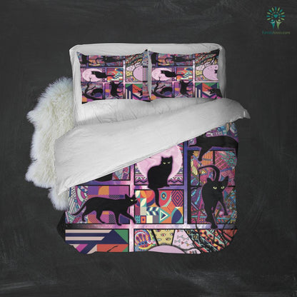 Cat Bedding Set Black Cat And Moon Pattern Duvet Covers Black Pink Unique Gift