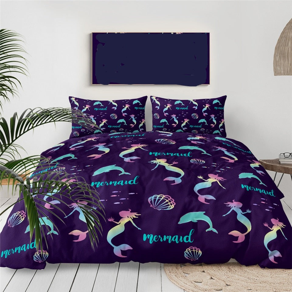 Mermaid Bedding Set Mermaid Dolphin Shell Silhouette Pattern Duvet Covers Colorful Unique Gift