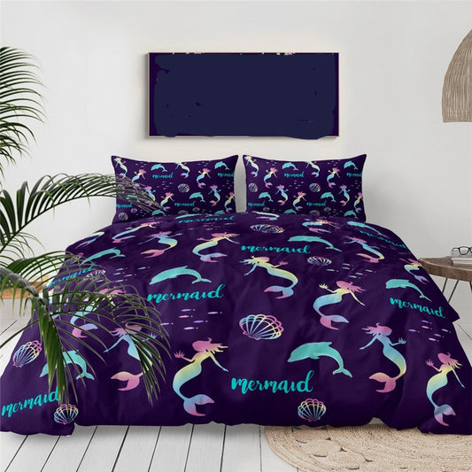 Mermaid Bedding Set Mermaid Dolphin Shell Silhouette Pattern Duvet Covers Colorful Unique Gift