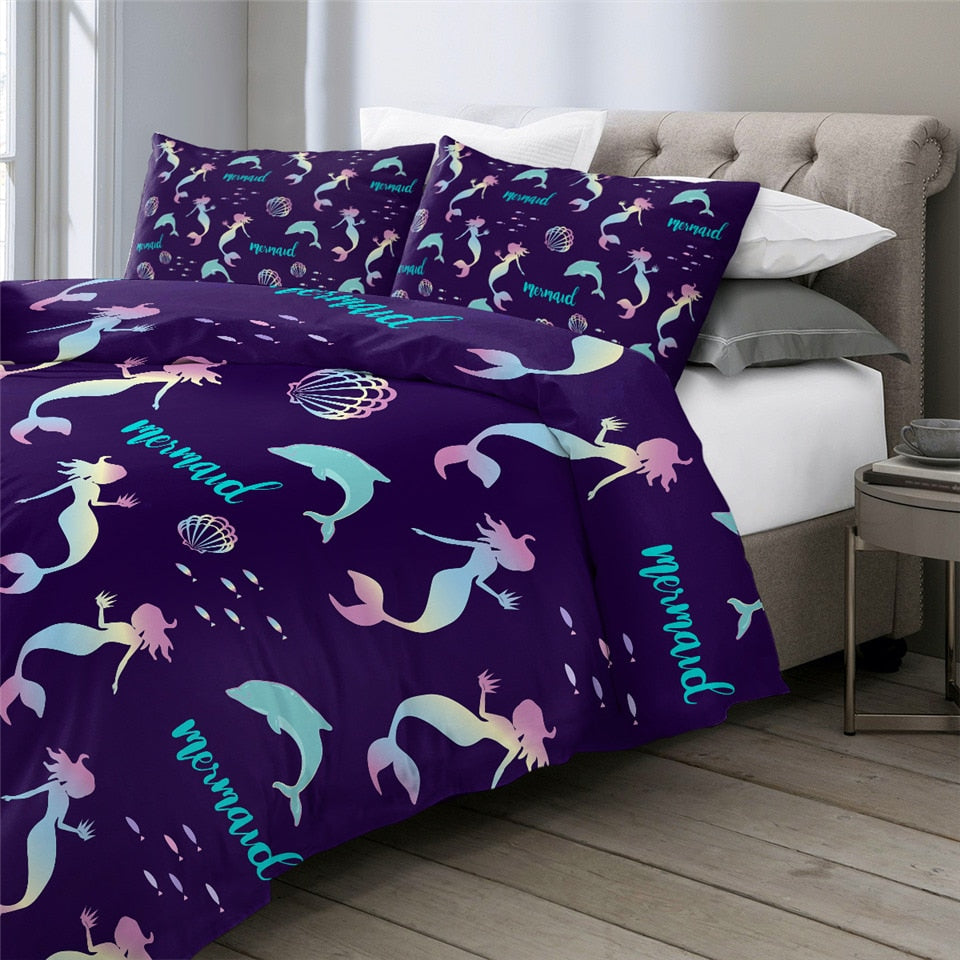 Mermaid Bedding Set Mermaid Dolphin Shell Silhouette Pattern Duvet Covers Colorful Unique Gift