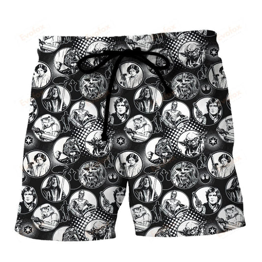 SW Shorts SW Characters In Bubble Pattern Beach Shorts Black White