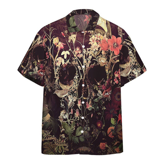 Skull Hawaii Shirt Blooming Flower Skull Graphic Hawaiian Shirt Brown Unisex