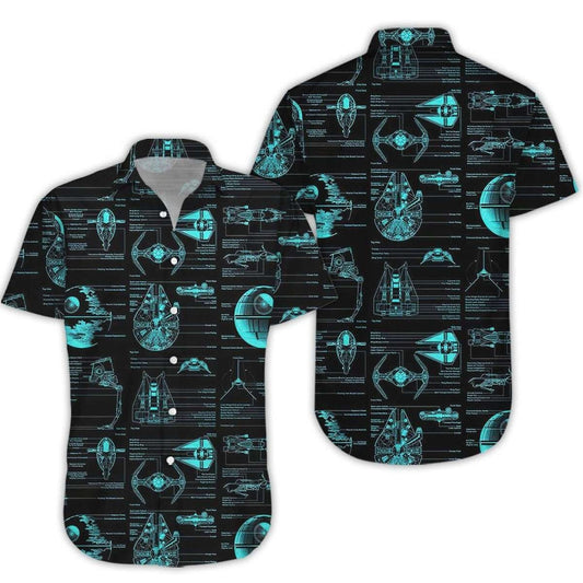 SW Hawaii Shirt Blueprint Drawings Of Spaceships Hawaiian Shirt Black Blue Unisex