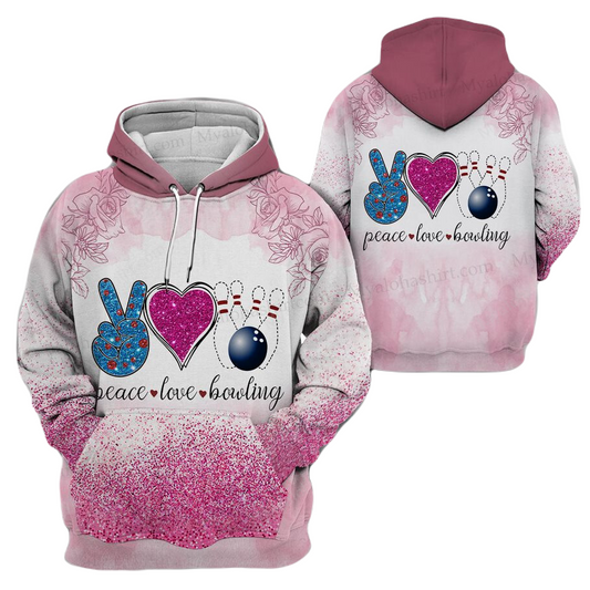 Bowling Hoodie Peace Love Bowling Flower Pattern T-shirt Pink Unisex