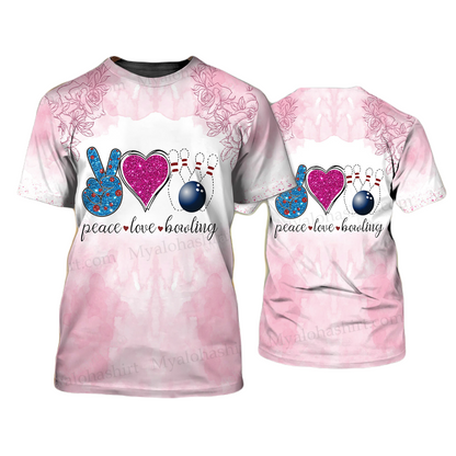 Bowling Hoodie Peace Love Bowling Flower Pattern T-shirt Pink Unisex