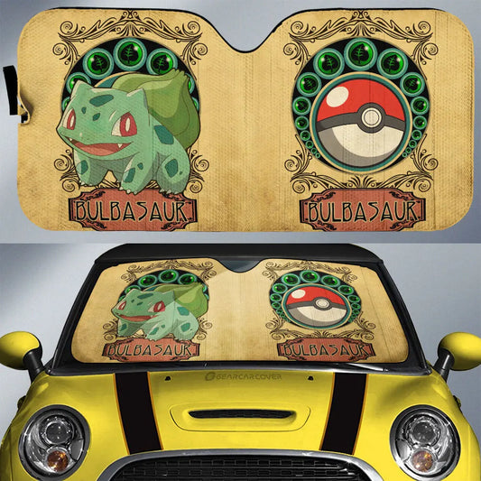 PKM Car Sun Shade Vintage Bulbasaur Leaf Pokeball Pattern Winshield Sun Shade Yellow Green