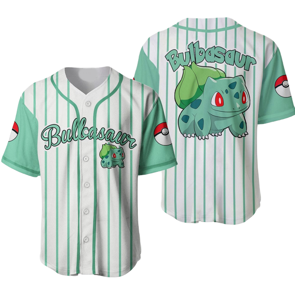 PKM Baseball Jersey PKM Bulbasaur Graphic Jersey Shirt Green White Unisex