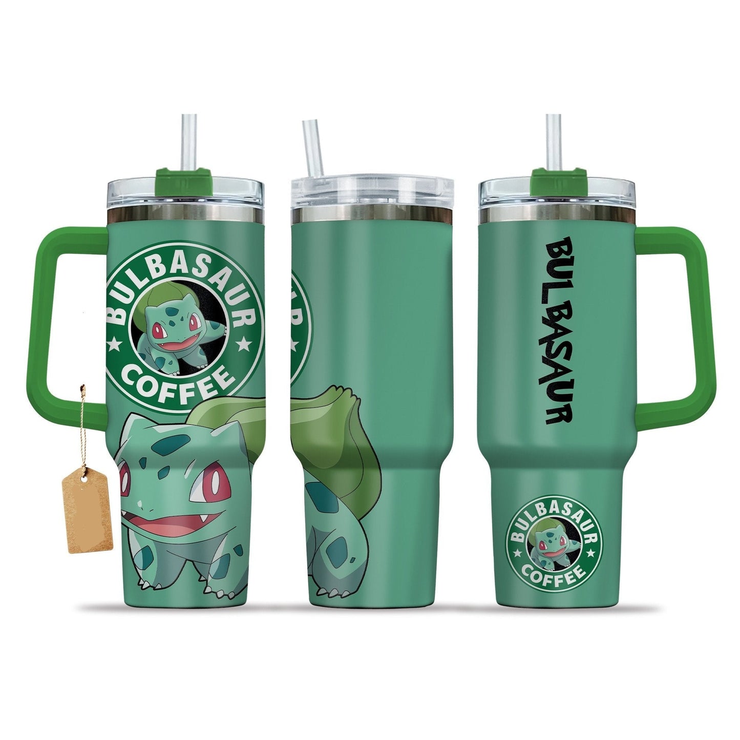 PKM 40 Oz Tumbler PKM Bulbasaur Coffee Graphic Tumbler 40 Oz Green