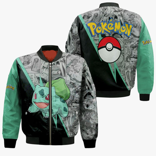 PKM Bomber Jacket PKM Bulbasaur Pokeball Manga Pattern Bomber Black Green Unisex