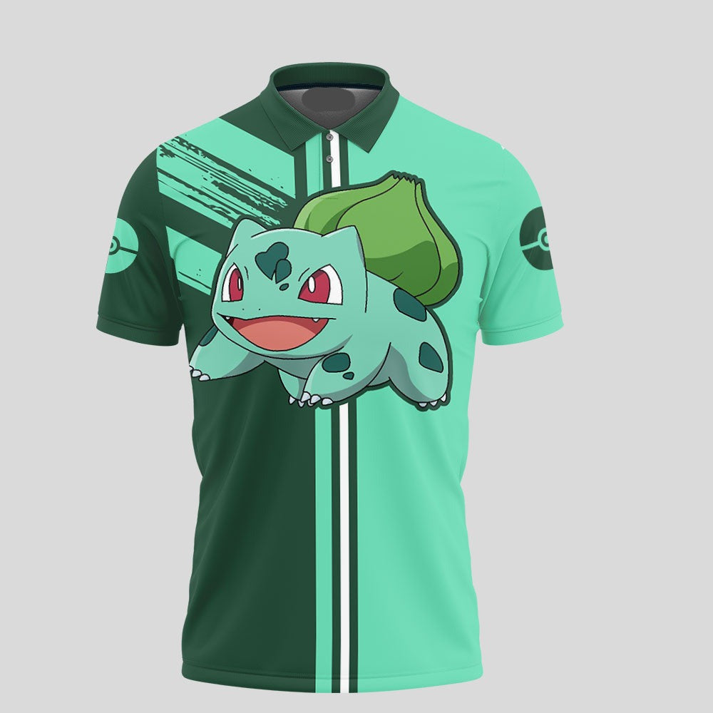 PKM Polo Shirt PKM Bulbasaur Pokeball Silhouette Pattern Polo Tees Green