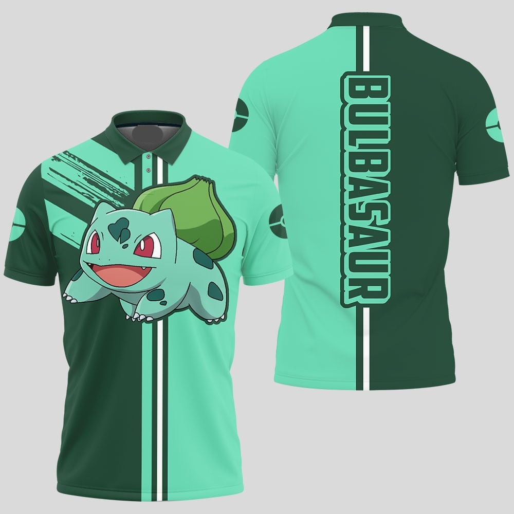 PKM Polo Shirt PKM Bulbasaur Pokeball Silhouette Pattern Polo Tees Green