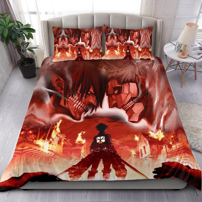 Attack On Titan Bedding Set Burning City Attack On Titan Duvet Covers Red Unique Gift