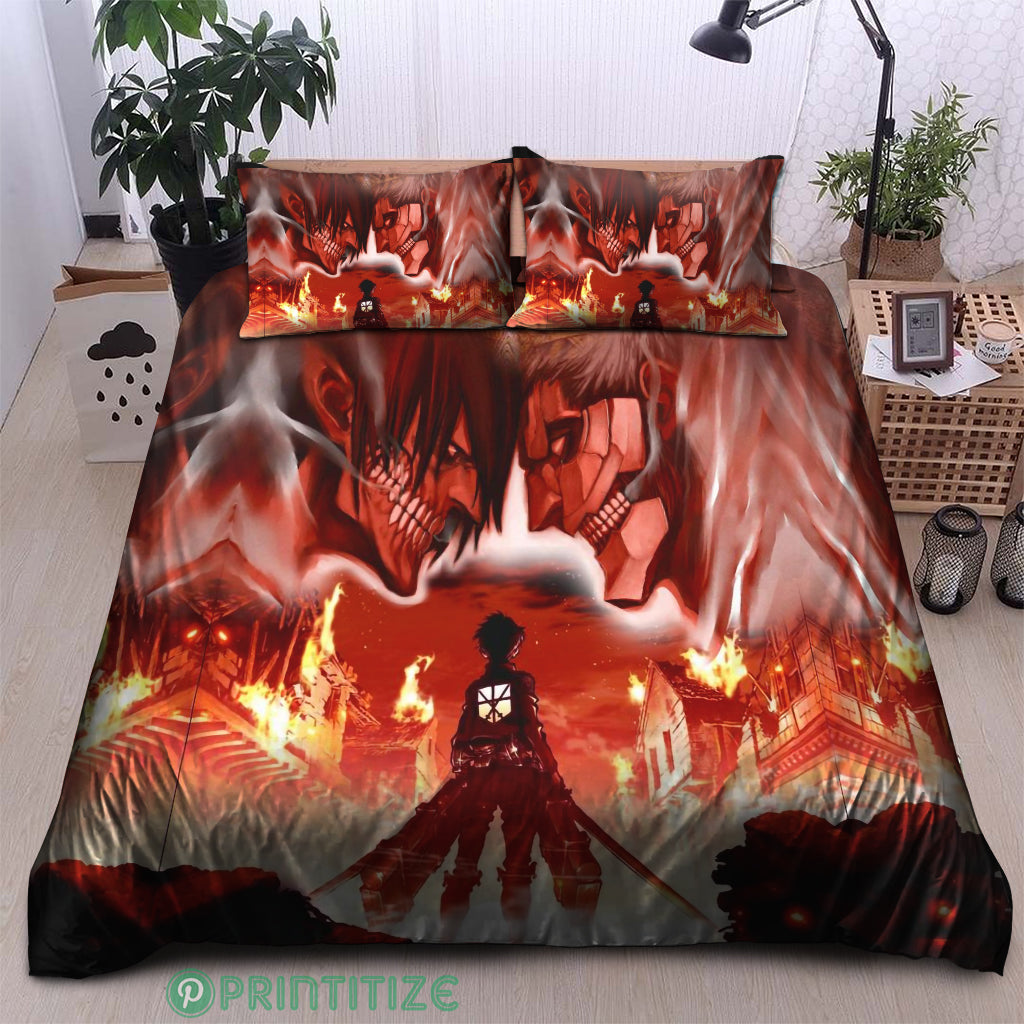 Attack On Titan Bedding Set Burning City Attack On Titan Duvet Covers Red Unique Gift