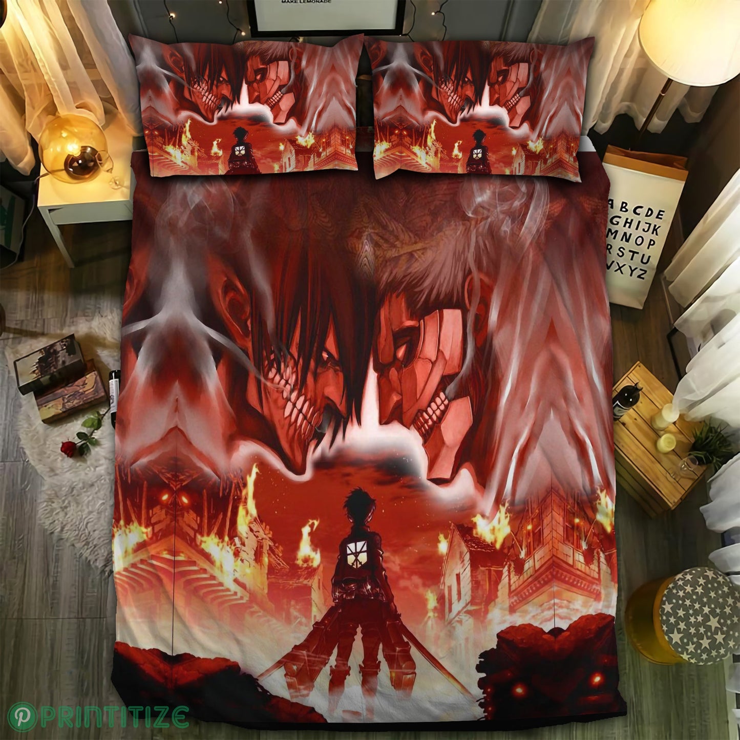 Attack On Titan Bedding Set Burning City Attack On Titan Duvet Covers Red Unique Gift