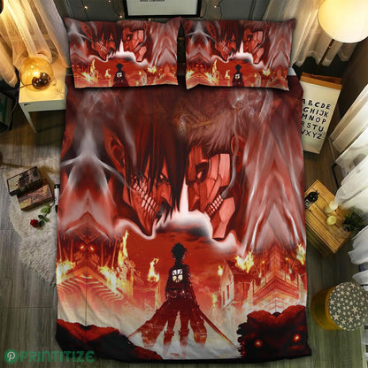 Attack On Titan Bedding Set Burning City Attack On Titan Duvet Covers Red Unique Gift