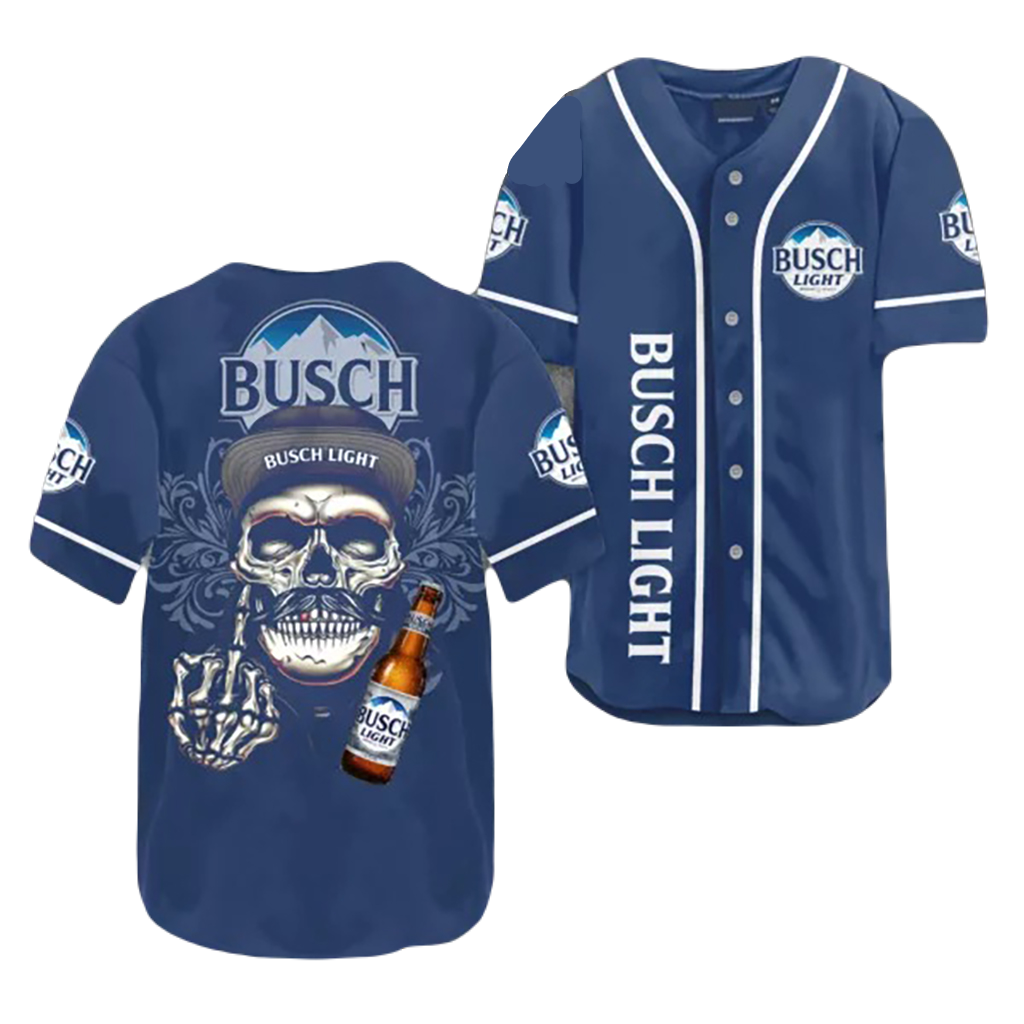 Busch Light Baseball Jersey Skull Wearing Hat Jersey Shirt Blue Unisex