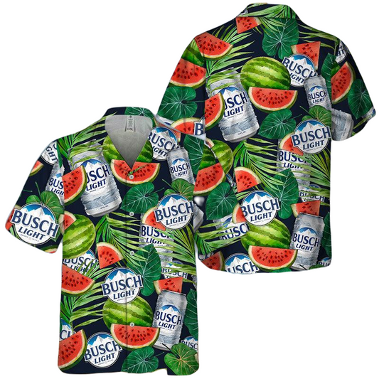 Busch Light Hawaii Shirt Busch Light Watermelon Tropical Leaves Pattern Hawaiian Shirt Green Unisex