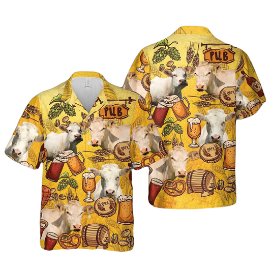 Beer Hawaii Shirt Cow Beer Pub Barrel Mug Pattern Hawaiian Shirt Yellow Unisex