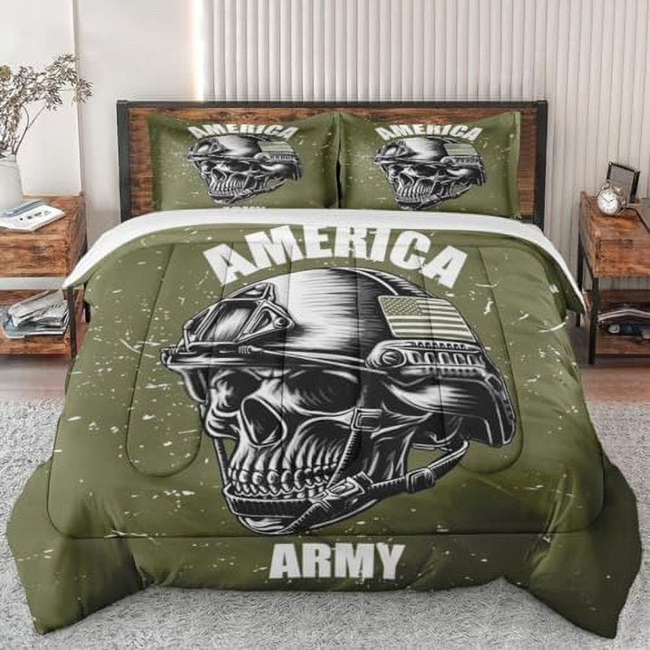 Veteran Bedding Set America Army Skull Graphic Duvet Covers Green Unique Gift