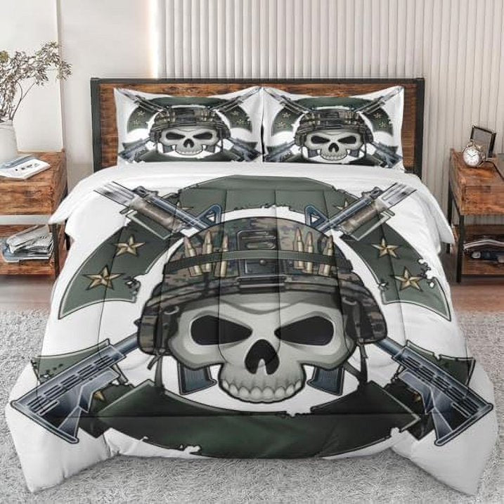 Veteran Bedding Set Skull Soldier Veteran Camo Pattern Duvet Covers White Green Unique Gift