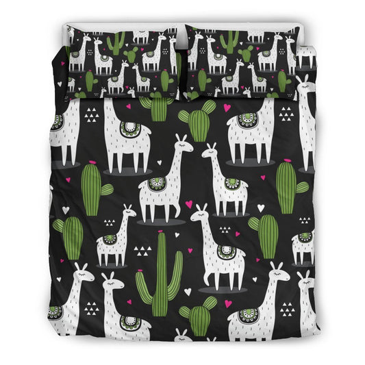 Llama Bedding Set Cartoon Llama And Cactus Pattern Duvet Covers Black Unique Gift
