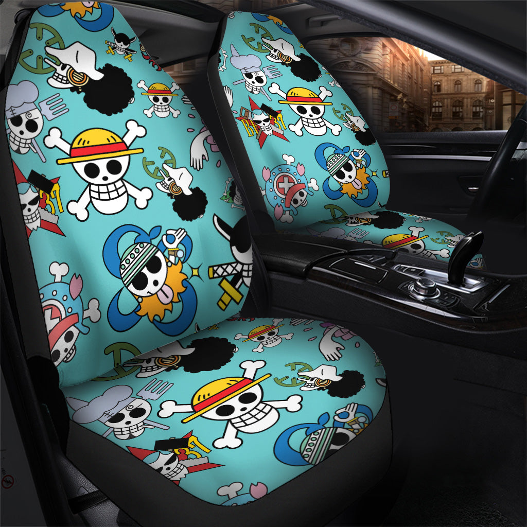 One Piece Car Seat Covers All Characters Jolly Roger Symbols Pattern Seat Covers Blue