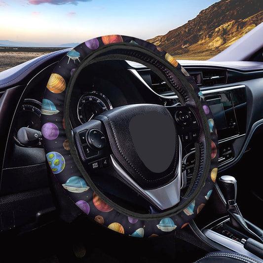 UFO Steering Wheel Cover UFO In Galaxy With Planets Driving Wheel Cover Colorful